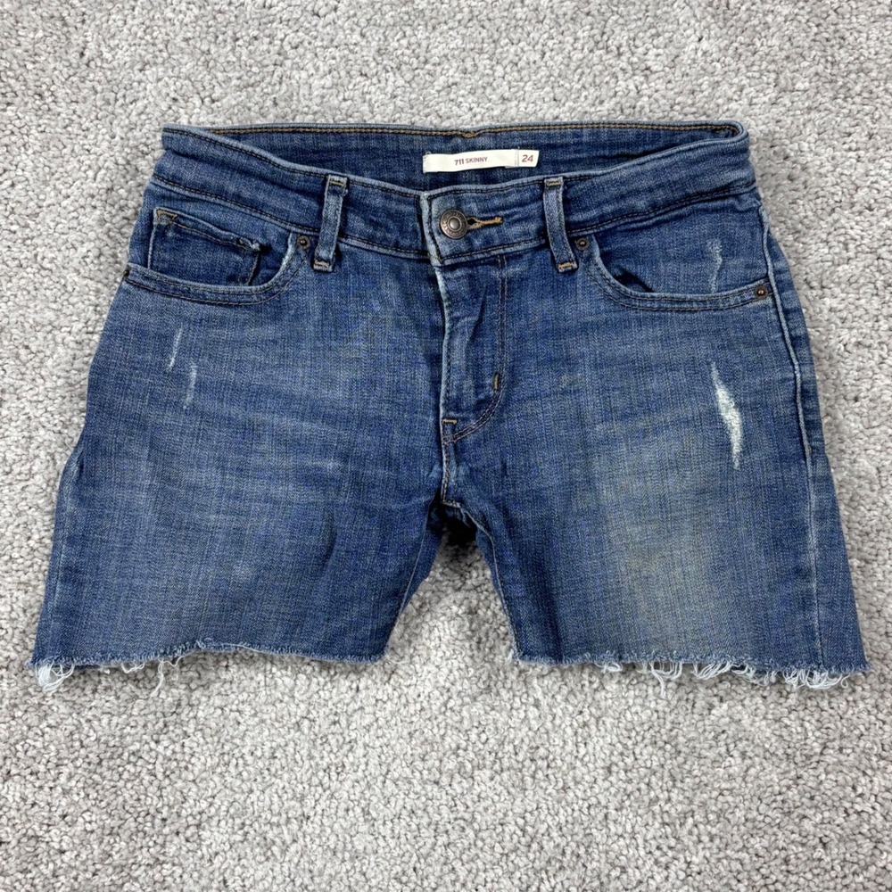 Levis 711 Skinny Cut Off‎ Denim Shorts Womens 24 Medium Wash Blue Distressed